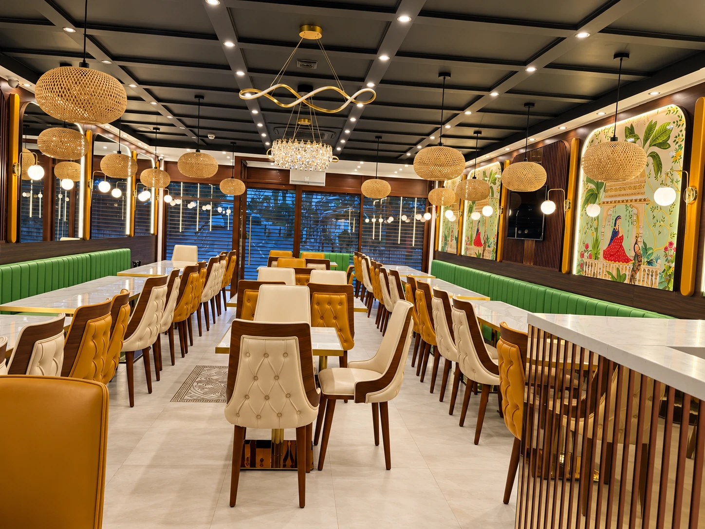 Starling restaurant fit out with green fitted seating, decorative lighting and finished flooring