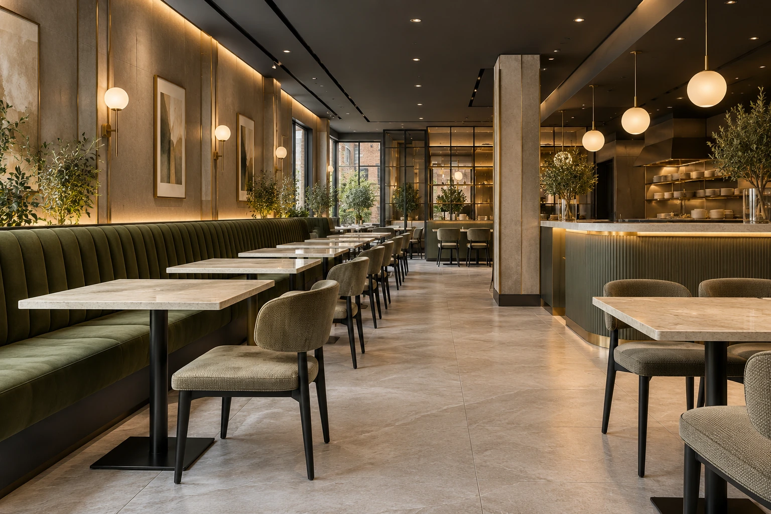Contemporary restaurant fit out with fitted olive seating, stone tables, integrated lighting and a finished service counter — AI-generated service illustration
