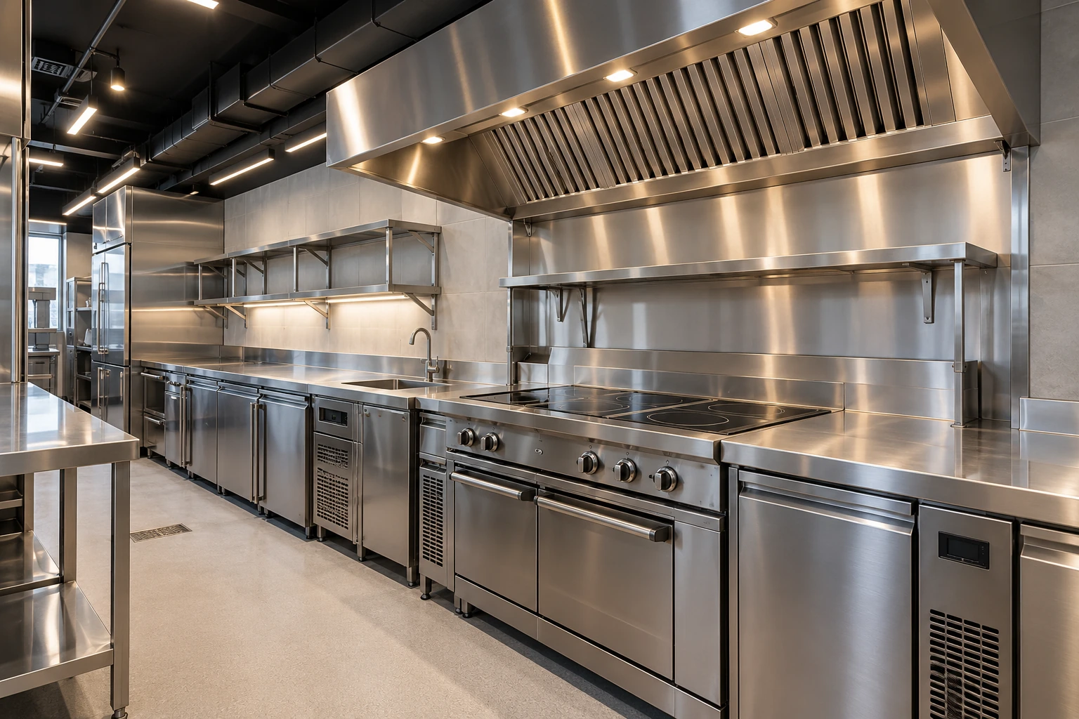 Fitted commercial kitchen with stainless steel cooking equipment, extraction canopy and preparation counters — AI-generated service illustration